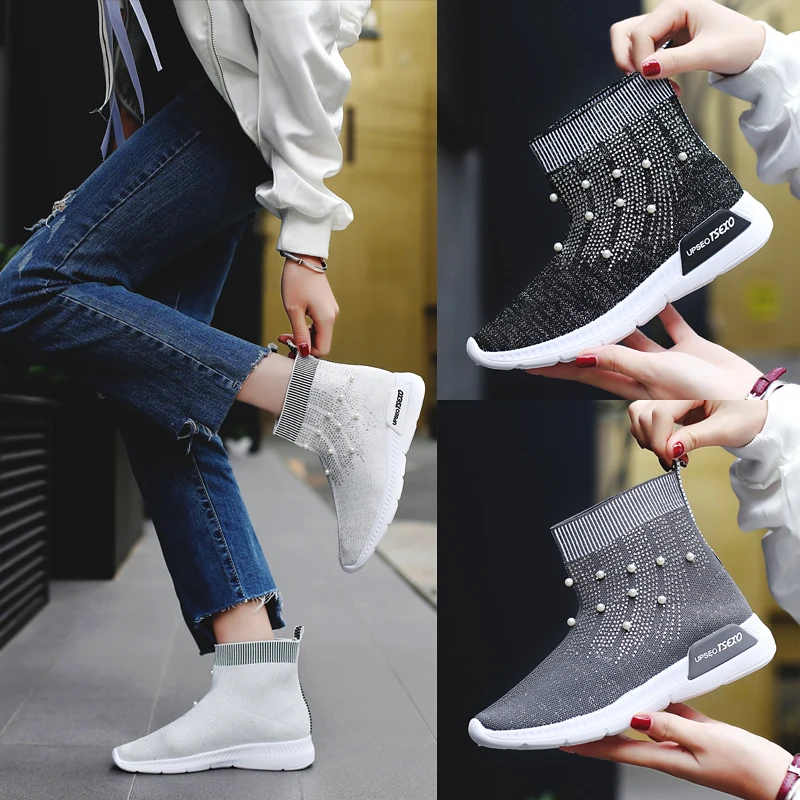

2019 breathable air mesh sneakers women spring summer slip on platform knitting flats soft walking shoes woman pearl
