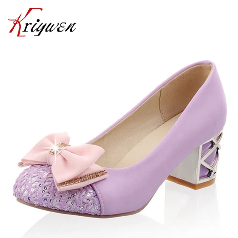 

Plus size 32-43 High Quality brand thick High Heels bowtie princess pumps women multicolor real ladies closed toe office shoes