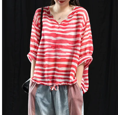 

Summer Summer Women Retro Loose Pullovers 2019 New Female V-Neck Short Sleeve Striped Casual Vintage T-shirt Mori girl
