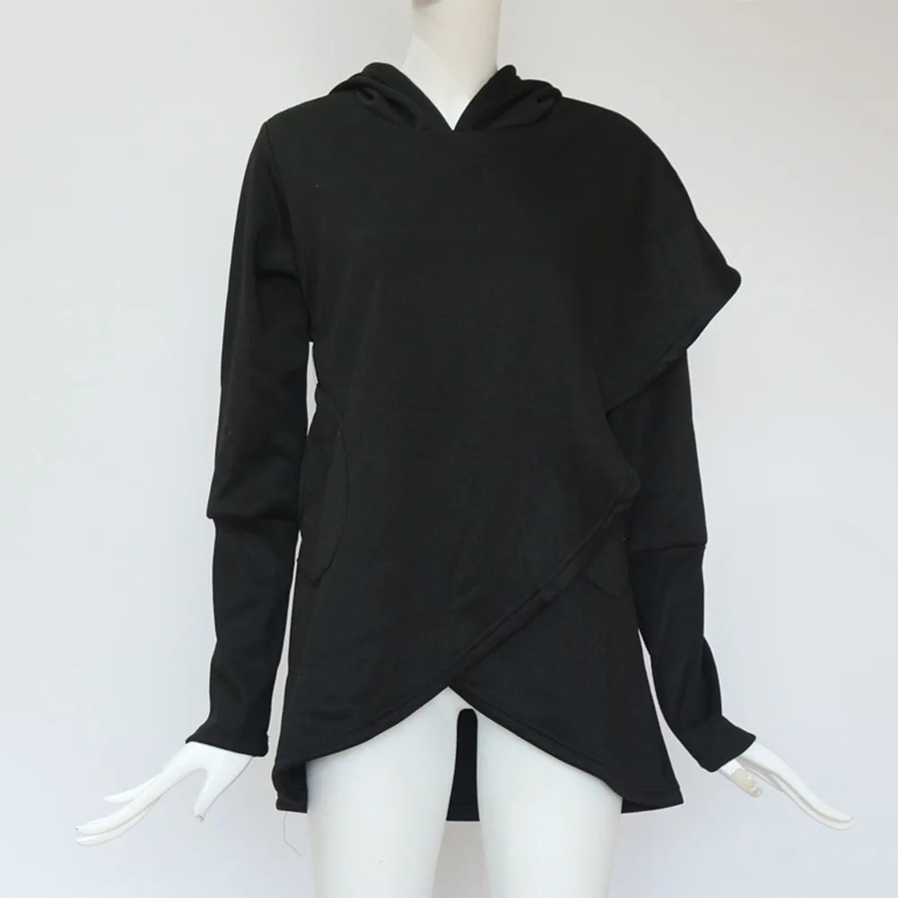 Для женщин Топ с длинным рукавом хип длина нерегулярные Осень блузка капюшоном повседневное карман