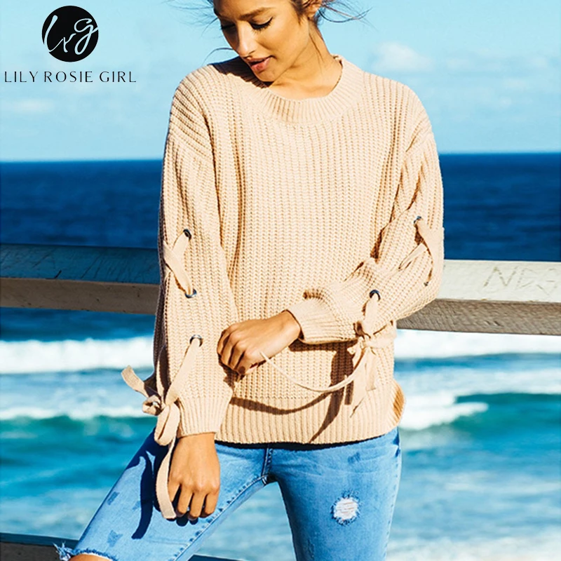 Lily Rosie Girl Gray Lace Up Casual Women Sweaters Knitted Long Sleeve O Neck Autumn Winter Side Off Shoulder Pullovers Jumper | Женская