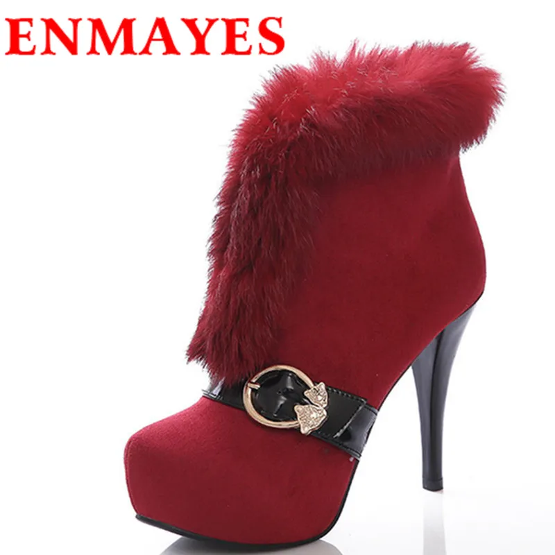 

ENMAYES Fashion Winter Women Ankle Boots Flock Round Toe Boots Thin Heels Short Plush Red Color Boots Women Boots High Pumps