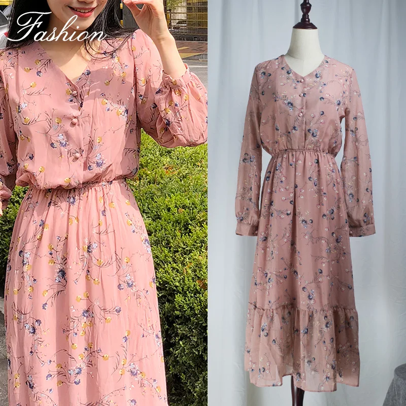 

Summer Autumn Chiffon Print Dress Casual Cute Women floral Long Bowknot Dresses Long Sleeve 1523