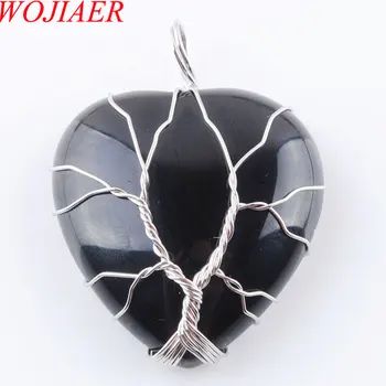 

WOJIAER Silver Color Tree of Life Wire Wrap Water Natural Black Agates Gem Stone Heart Bead Necklaces Pendant Jewelry PN3545
