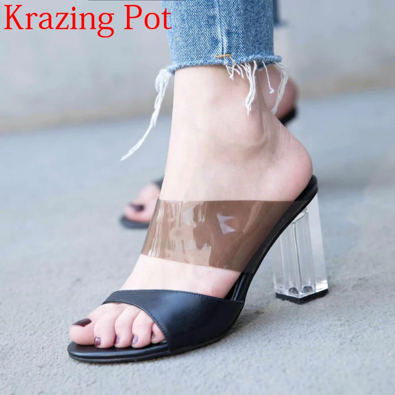 

2018 new arrival genuine leather slip on original design crystal 8cm square heel women sandals preppy style peep toe mules L99
