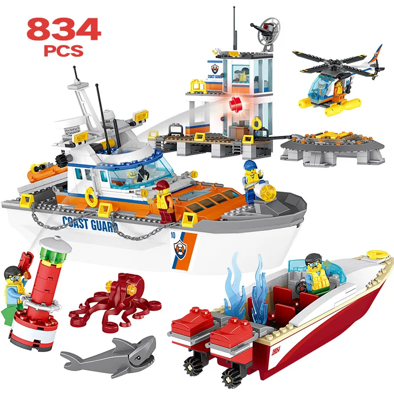 

834pcs Toys for Boys Police Building Blocks Compatible Legoingly City Coast Guard Head Quarters Police Station Helicopter Bricks