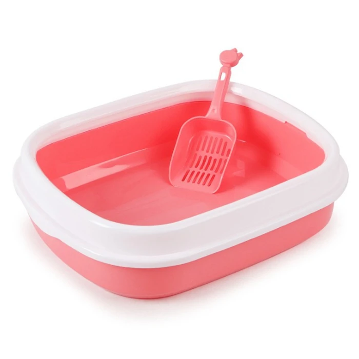 Полузакрытая сковорода для кошачьего туалета, овальная раковина с кошачьим песком, пластиковая лопата с высокой окантовкой, брызгозащищенная песком, товары для уборки котенка - Цвет: Pink