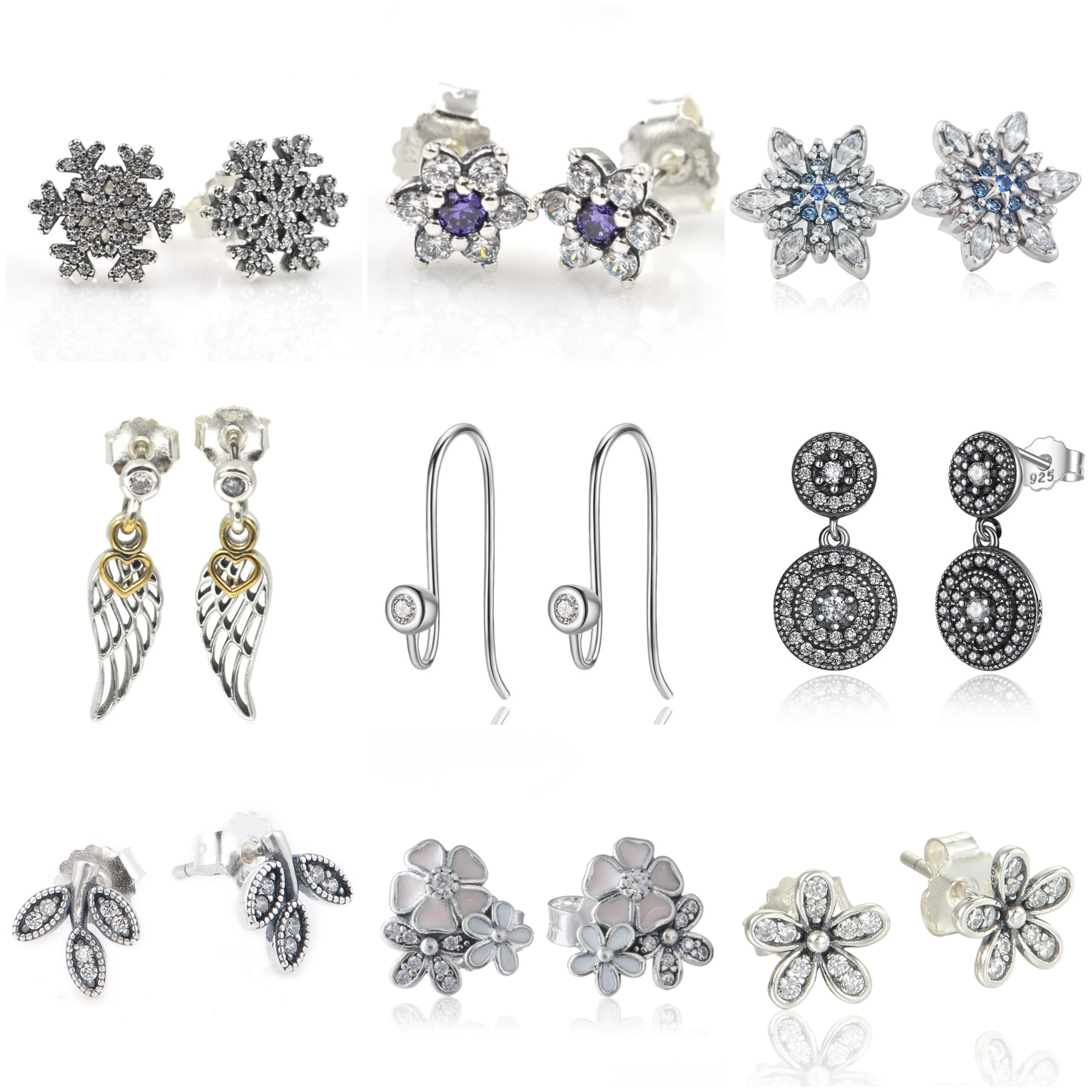 Аутентичные 925 пробы Серебряные Снежинки синие кристаллы Ослепительная Маргаритка серьги-гвоздики прозрачный CZ Подходит для европейских очаровательных браслетов ювелирные изделия