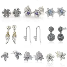 Аутентичные 925 пробы Серебряные Снежинки синие кристаллы Ослепительная Маргаритка серьги-гвоздики прозрачный CZ Подходит для европейских очаровательных браслетов ювелирные изделия