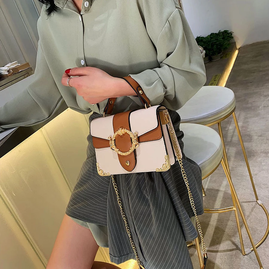 

Creative Metal Ring Top-handle Women's Handbags Fashion Metal Edging Chain Messenger Bags Contrast Color Ladies Shoulder Bag