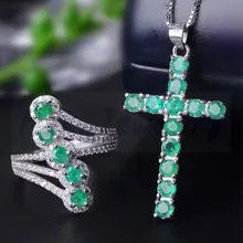 Натуральный настоящий Изумрудный Крест Стиль Ювелирный Набор 925 серебро 1 шт кольцо 1 шт кулон 0.12ct* 17 шт драгоценный камень# XY18071217