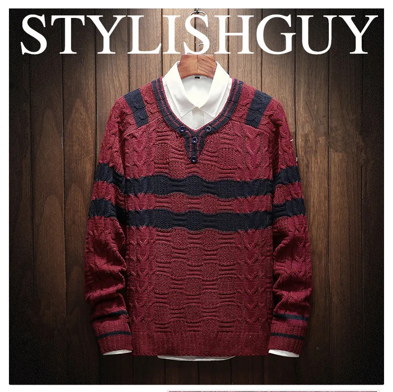 Новый Для мужчин s модные свитера в полоску Для мужчин Slim fit платье-пуловер на осень-зиму Повседневное вязаный хлопковый свитер Для мужчин