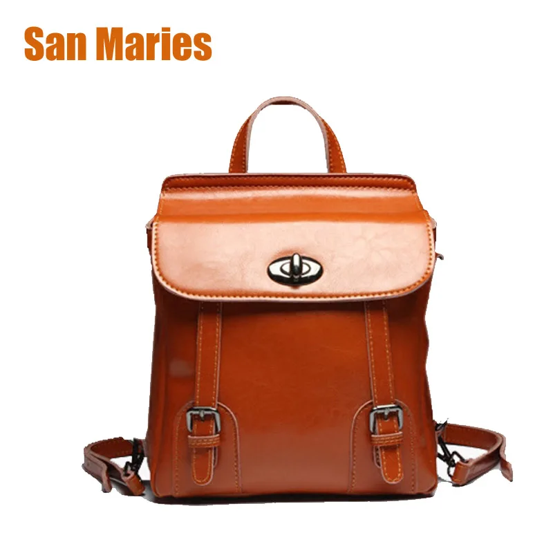 

San Maries Large Capacity Women Anti Theft Backpack Oil Wax Cow Split Leather Backpack for Teenage Girls School Backpacks