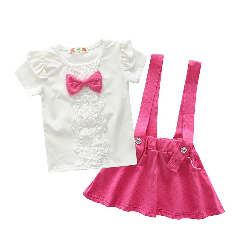 

2016 Toddler Children Summer Baby Girls Clothing Sets Dress Suit Girls Bib Summer Set Bow 2pcs Kid Strap Dots Sport Suit Set