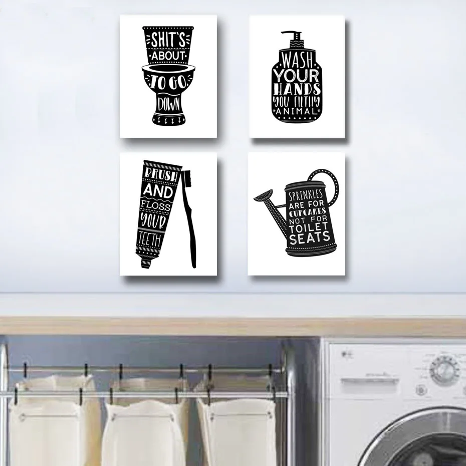 Black and White Bathroom Canvas Wall Art Paintings Laundry Room DIY Photo Framed Prints Posters Pictures Frame Home Decoration (3)