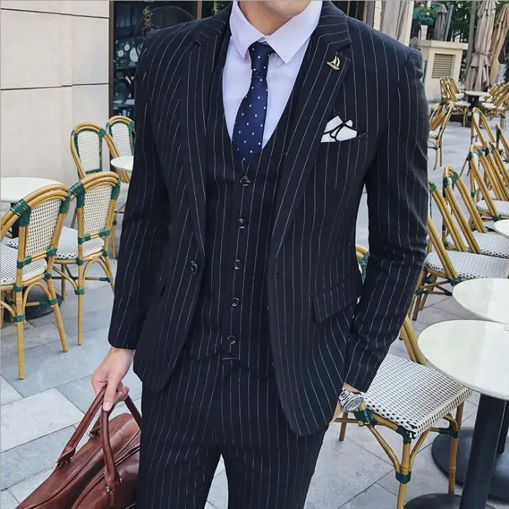 Slim Fit с вертикальными полосами костюм блейзером жилета и брюк для Tuexdos юбочные