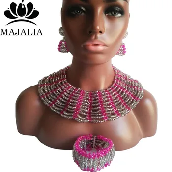 

Majalia Classic Nigerian Wedding African Jewelry Set Silver gray and Hot pink Crystal Necklace Bride Jewelry Sets 10SX011