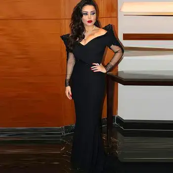 

Sexy Black Evening Prom Gown Cap Sleeve Long Sleeve Formal Dress for Wedding Party Robe De Soiree