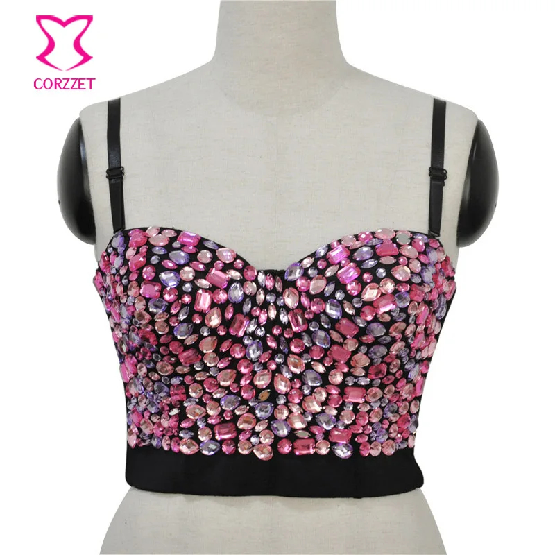 

Pink Crystal Diamond Sexy Women Punk Rock Push Up Bras Studded Party Crop Burlesque Dancing Club Bra Bralet Bustier Clothing