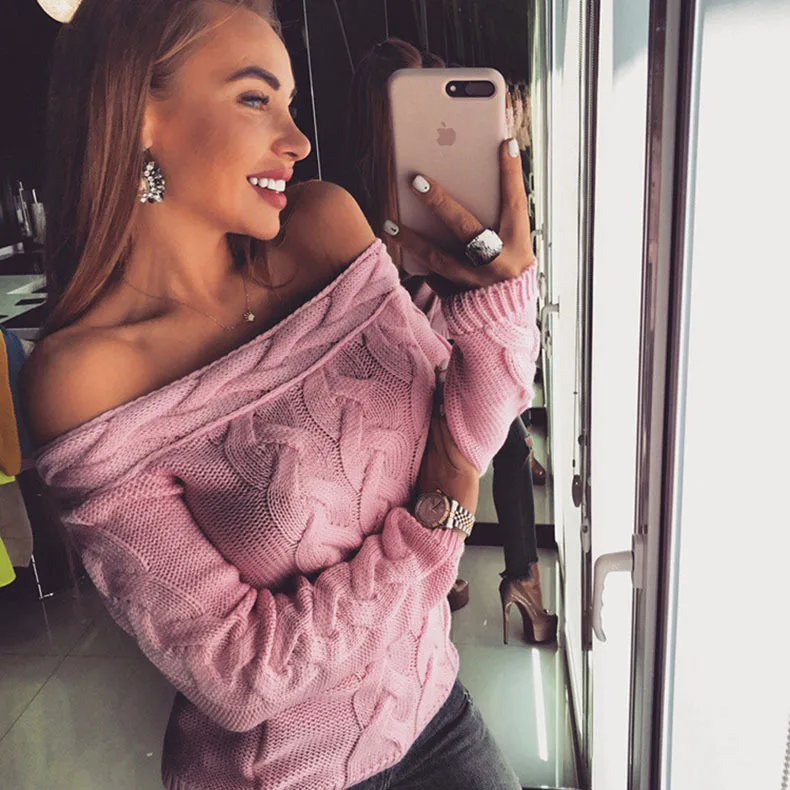 

2018 chic solid off shoulder neckline woman sweater autumn and winter pullover long sleeve slash neck casual female sweater