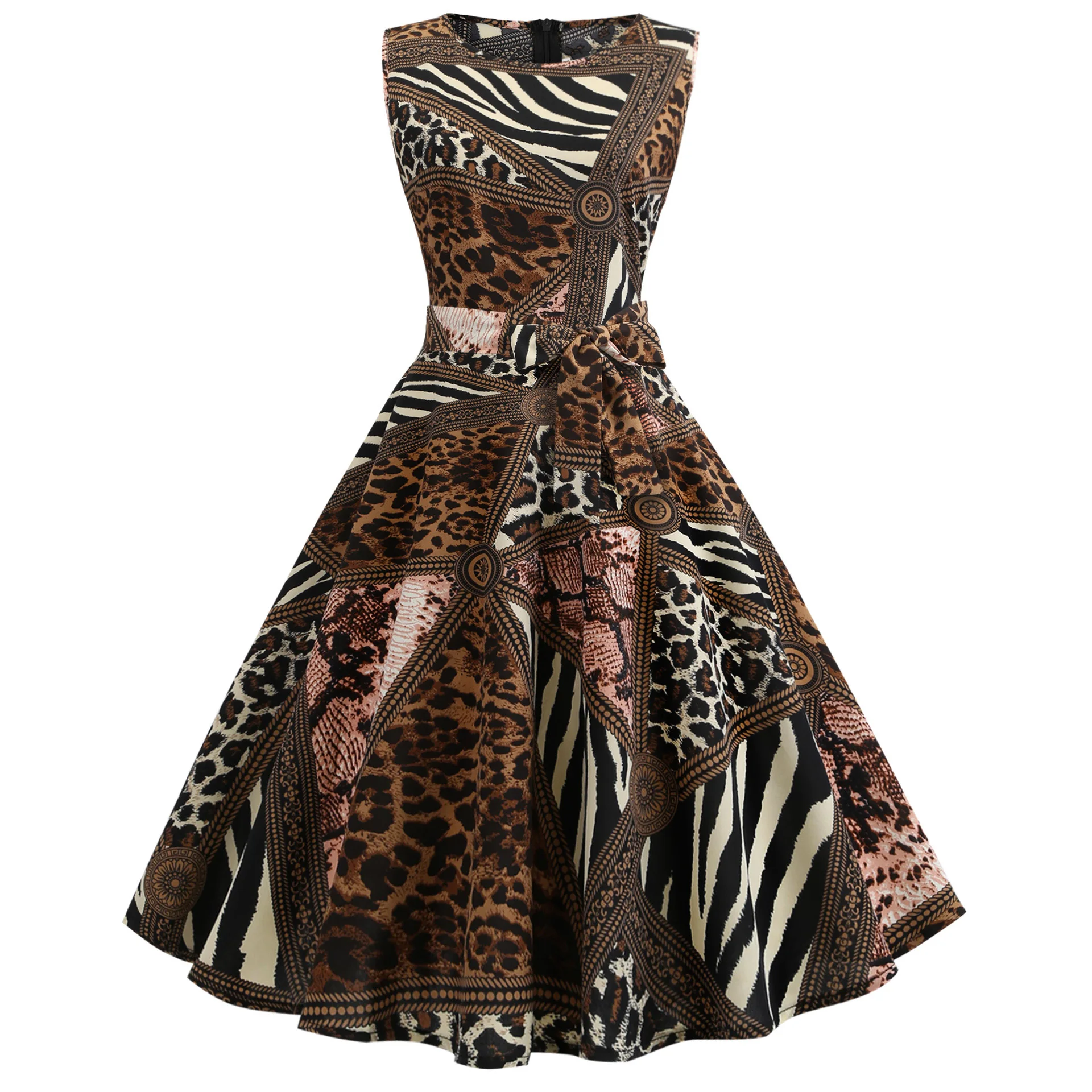 

2019 Casual Sexy Floral Dress Women Summer Leopard Dress Vintage Jacquard Sleeveless A-line Party Dress Plus Size Vestidos