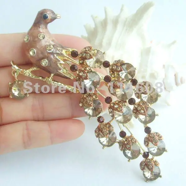 

Gorgeous Peacock Brooch pin w Brown Rhinestone crystals EE04873C5
