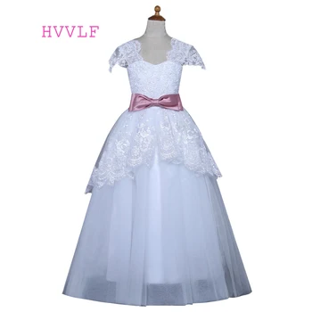 

White 2019 Flower Girl Dresses For Weddings Ball Gown Cap Sleeves Tulle Bow First Communion Dresses For Little Girls