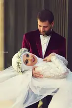 2016 Latest Long Sleeve Lace Removable Train Hijab Muslim Wedding Dresses High Quality Wholesale Fashion Cinderella Dress