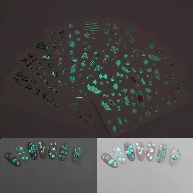 

3D Nail Stickers Noctilucent Star Moon Heart Image Mixed Designs Glitter Glow in the Dark Nail Art Transfer Decal Decorations