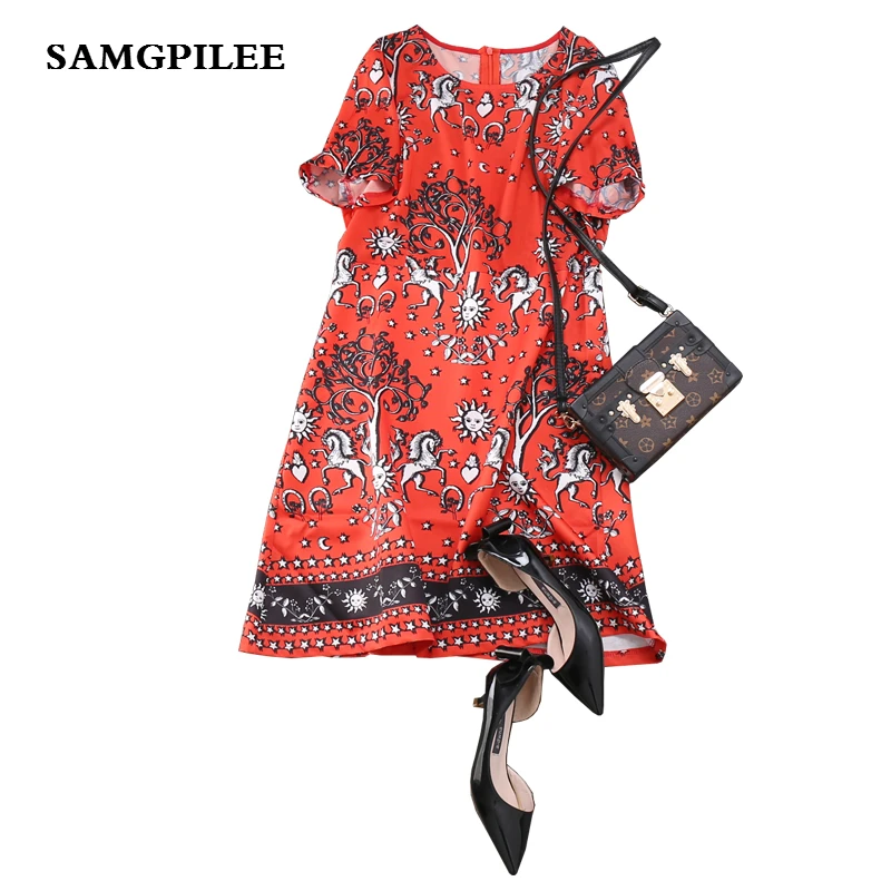

2019 Sale New A-line Print Short Sleeve Appliques Knee-length Fashion Natural O-neck Spring Women Dress L-3x