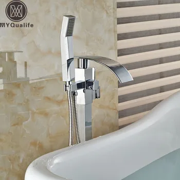 

Classic Floor Mount Waterfall Spout Bright Chrome Bathtub Faucet Brass Tub Mixer Taps ABS Handshower