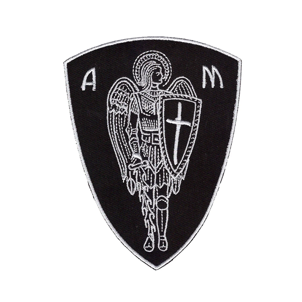 

Low MOQ Archangel ST.Michael Cross Christian Cross Shield Protection Embroidered Textile Patch