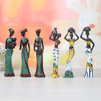 

African Figures Sculptures Tribal Lady Figurine Statue Stand Tabletop 6-Set