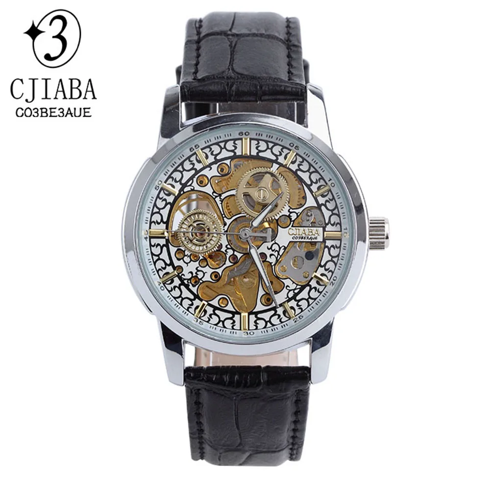 

CJIABA Skeleton Watch Hand Wind up Mechanical Silver Alloy Case Black Leather Strap Analog Fashion Men Watch Christmas Gifts