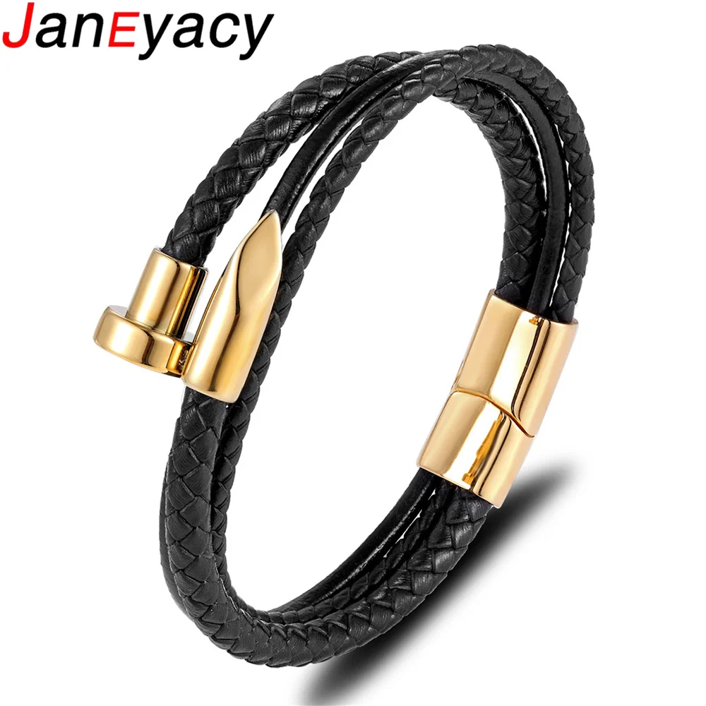 Высокое качество кожаный браслет Для женщин Черная косичка многослойная веревочная цепь Нержавеющая сталь ногтей Для мужчин ювелирные браслеты подарки 19/21/23 см