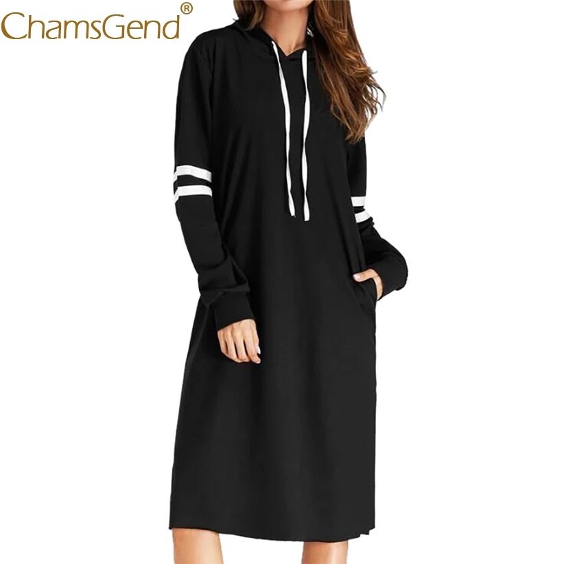 

Chamsgend Hoodies Black Long Sweatshirt Dress Women Striped Long Sleeve Pullover Hoodies Sweatshirts With Pocket 71206