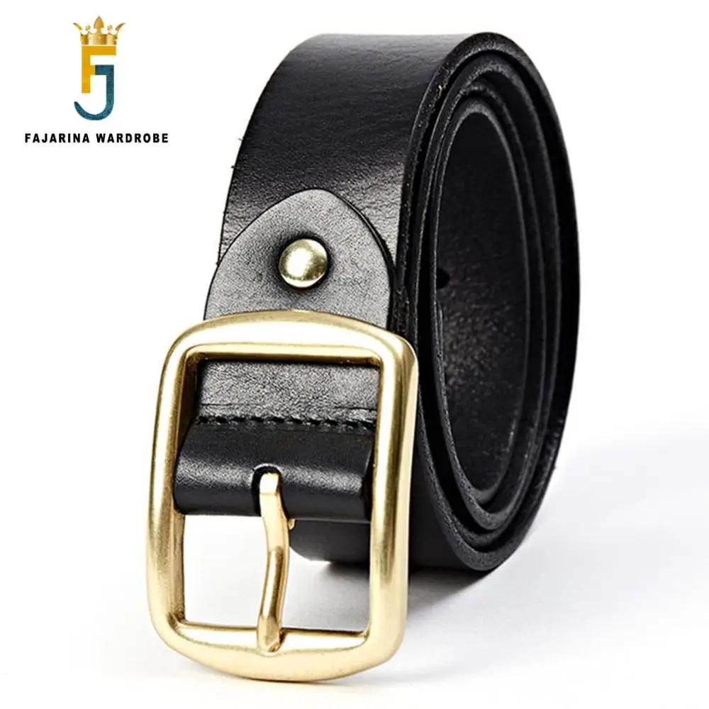 FAJARINA Quality Solid Brass Pin Buckle Men's Casual Retro Belt Pure Cowhide Leather Belts for Men Can 10 Years Used N17FJ344