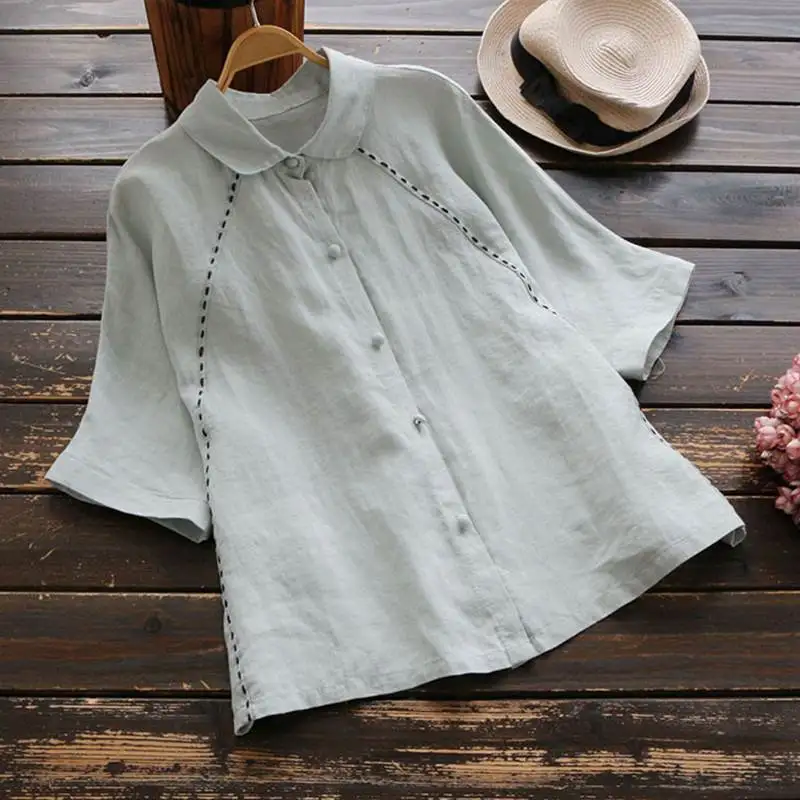 Размера плюс, летняя Женская Повседневная однотонная Свободная блуза с коротким рукавом, блузки, топы, элегантные офисные свободные рубашки на пуговицах для женщин - Цвет: pea-green