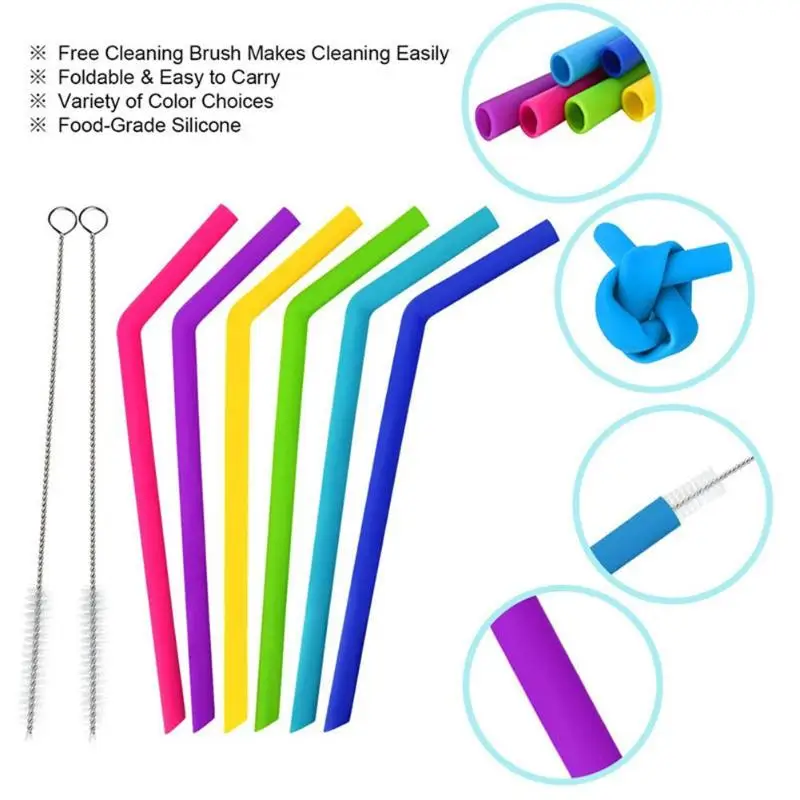 

6PCS Reusable Drinking Straws Food-grade Silicone Straws Colorful Drinking Straw Set with 2pcs Cleaning Brushes Eco Friendly