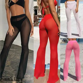 

AU Women High Waist See Through Flared Leg Mesh Summer Beach Long Pants Trousers