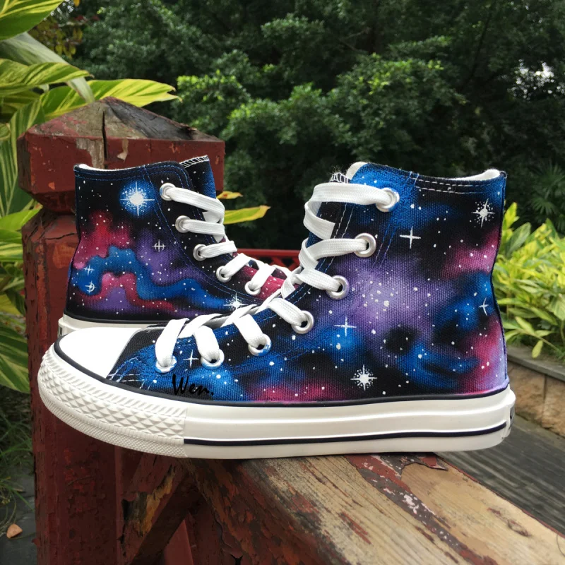 Вэнь оригинальный пользовательский Дизайн ручной росписью обувь Galaxy Starlight Для мужчин Для женщин высокие холщовые кроссовки для подарки на