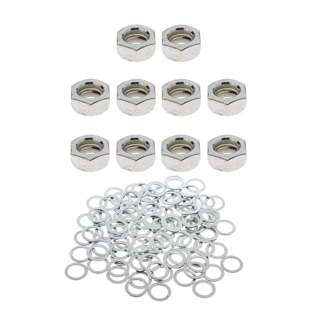 10pcs Skateboard Trucks Mounting Axle Hexagon Nuts Longboard Hardware Silver + 100pcs Bearings Washers Accessories