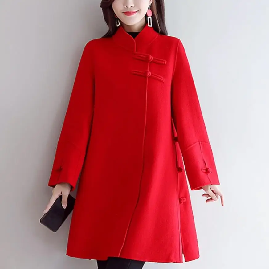 Woolen Thicken Warm Women RED Chinese Style Autumn Winter Warm Outwear ...