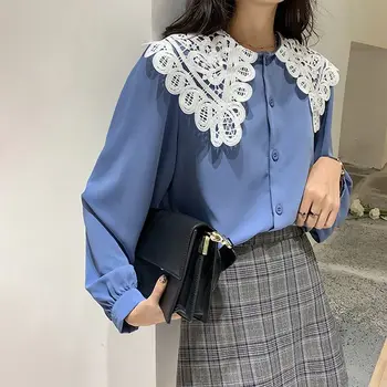 

Woman Long Sleeve Lace Turn Down Collar Summer Chiffon Blouse Sweet Girl Women White Shirt