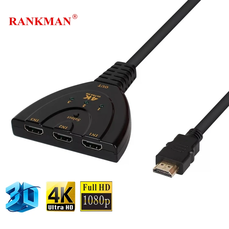 Rankman HDMI сплиттер 1x3 коммутатор 4K* 2K 1080P 3 порта HDMI сплиттер 3 в 1 выход адаптер концентратор для DVD ноутбук с HDTV