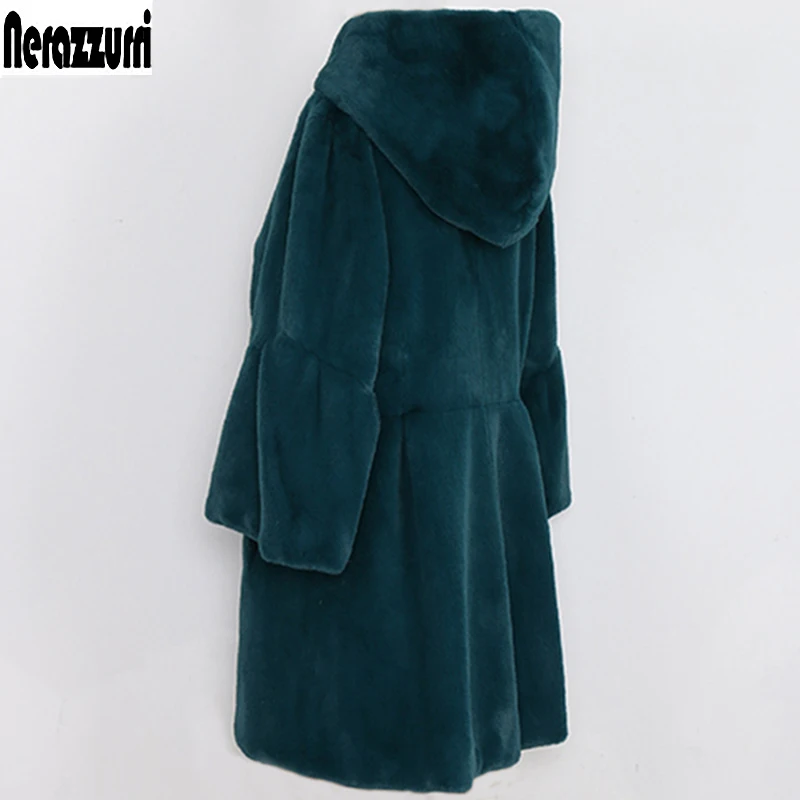 Nerazzurri Faux Fur Coat Woman With Hood Flare Sleeve Three Quarter Pleated Large size Furry Colored Fake Fur Jacket 5xl 6xl 7xl