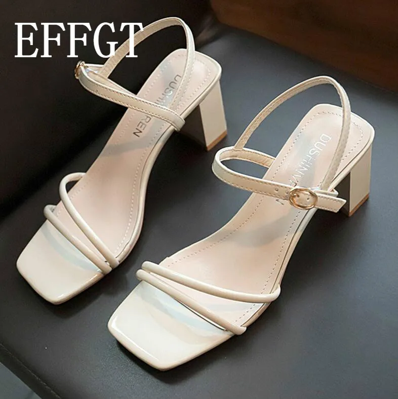 

EFFGT High Heel White Sandals Women Summer Rope Ankle Strap Sandals Ladies Square Heels Classics Women Shoes Yellow Sandal A168