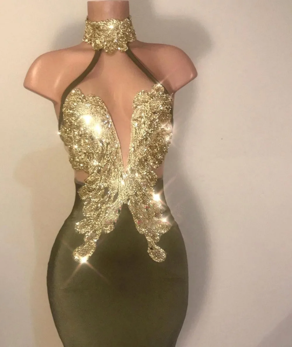 olive green and gold prom dress