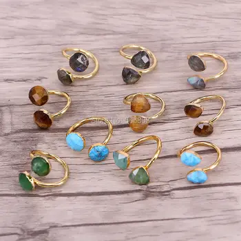 

10PCS ZYZ159-0623 Natural Stone Ring, Gold Adjustable Ring, Round Drop Triangle Mix Color Stone Ring, Charm Ring Jewelry