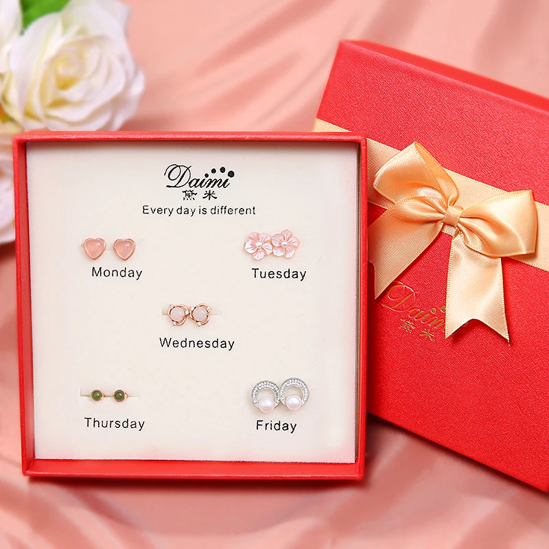 

DAIMI 925 Silver Jewelry Box Package Freshwater Pearl Earrings Sets Rose Quartz Chalcedon Gemstones Cherry Blossom Jewelry